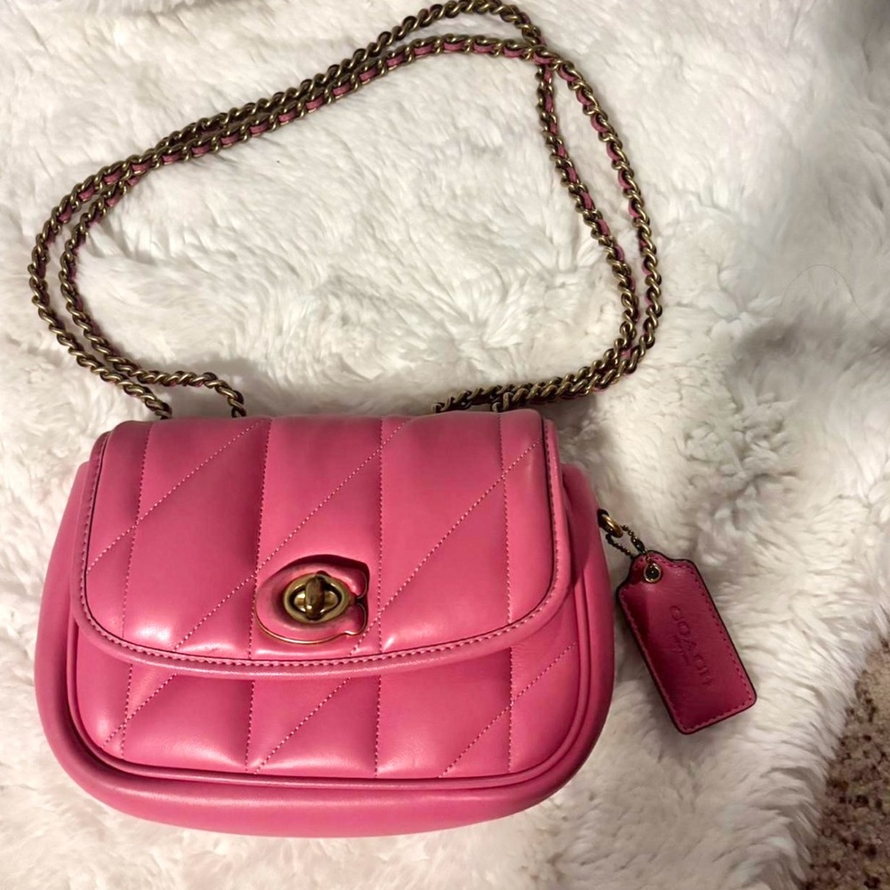 Coach Crossbody Leather Bag With Long Strap Pink, Gold Hardware